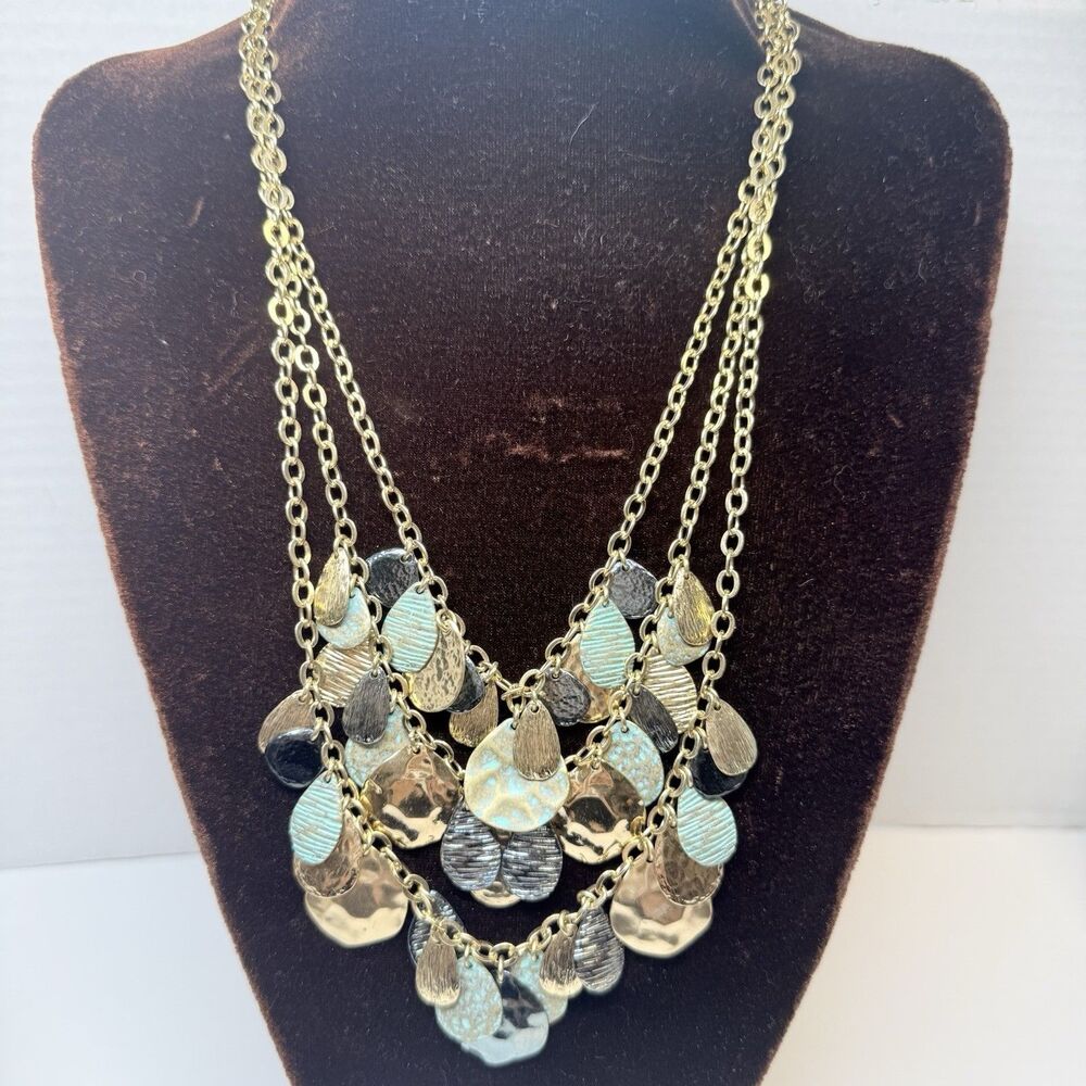 St Thomas Triple Strand Mixed Metal Dangle Charm Statement Necklace